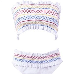 White and multicolored shirred bandeau bikini set